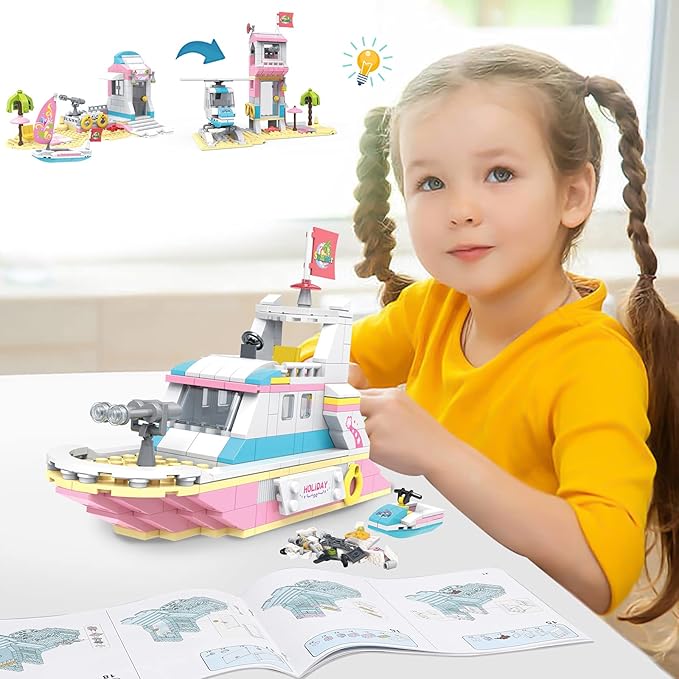 3in1 Girls Boat Cruise Ship Building Sets Friends Beach House Rescue Helicopter Building Kits Summer Holiday Adventures STEM Building Toys Creative Play Set Gift for Kids Aged 6-12, 351 Pieces