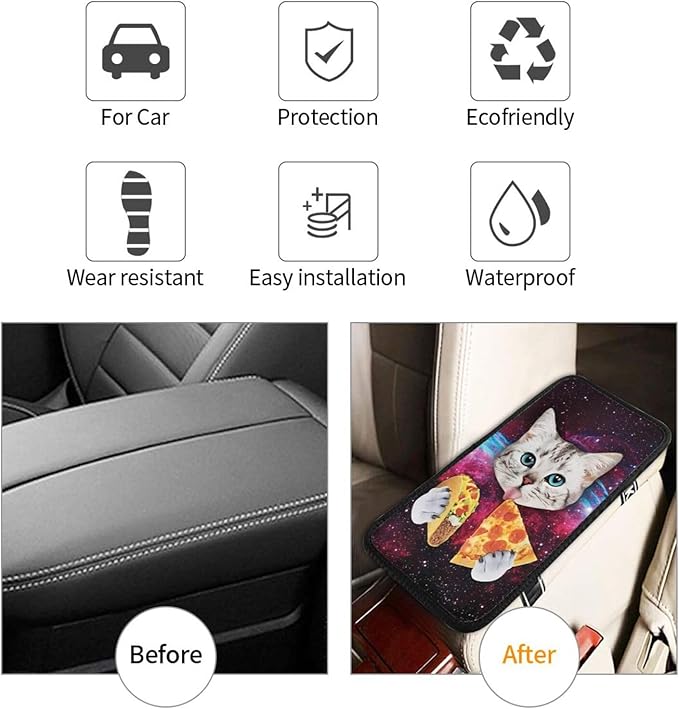 DORKEIXIA Galaxy Cat Pizza Taco Sky Funny Auto Center Console Armrest Pad Universal Car Center Console Cover Seat Box Cover for Sedan, Van, SUV, Truck Car Accessorie