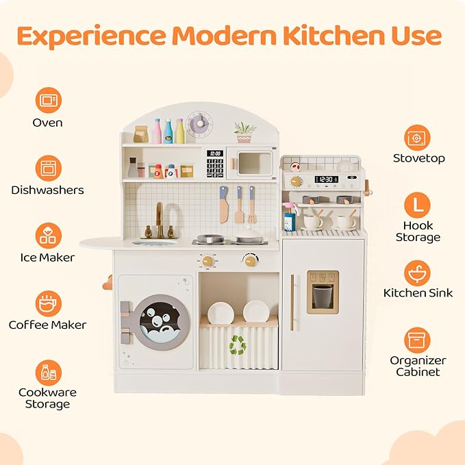 JOYMOR Kids Play Kitchen Sets w/Coffee Machine & Plenty of Play Kitchen Accessories, Wooden Kitchen Set Gift, Ideal for Creative Pretend Play for Toddlers, Girls & Boys (Cream&Gold)