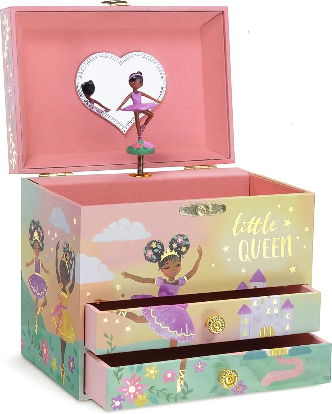 Jewelkeeper Jewelry Box for Girls - 2-Drawer Music Box with Little Queen Ballerina Dancing to Swan Lake, Cute Pink Design, Keepsake Storage for Treasured Accessories - 6.75 x 5.25 x 6 inches