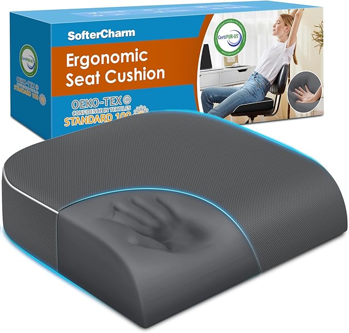 Seat Cushion, Memory Foam Office Chair Cushions for Long Sitting Hours, Chair Pad for Sciatica, Coccyx, Tailbone, Hip Pain & Pressure Relief, Office, Home, Car Seats, Airplane, Gray/Large