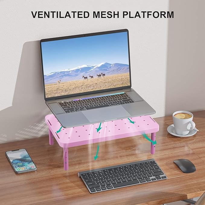 WALI Computer Monitor Stand for Desk, Adjustable Laptop Riser, Desk Monitor Stand Underneath Storage for Office, Home, School Supplies (PTT001-P), 1 Pack, Pink