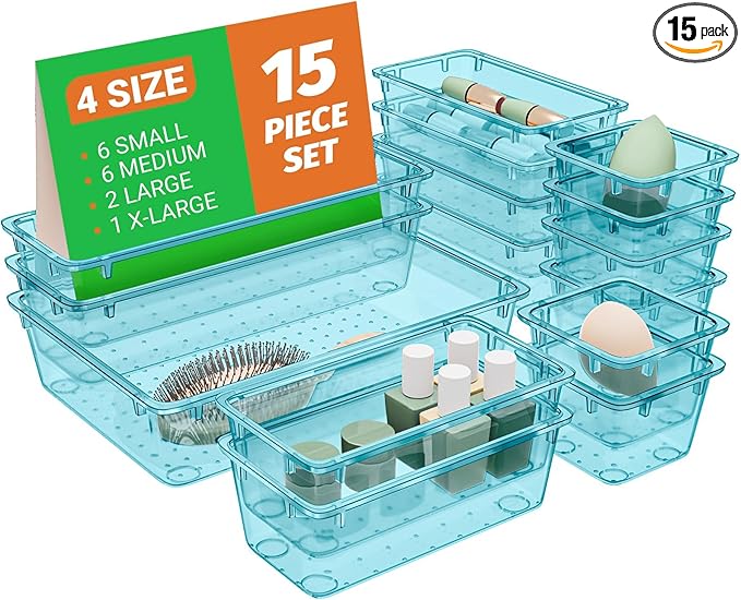 15 PCS Clear Plastic Drawer Organizer Set, 4-Size Acrylic Drawer Storage Trays, Storage Bins for Makeup, Gadgets, and Jewelry in Bathroom, Bedroom and Office, Clear Sea Blue