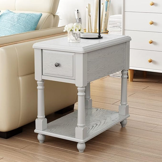 Solid Wood Narrow End Table with Drawer, Sofa Side Table with Storage Shelves, Slim Beside Table ,Telephone for Small Spaces, Living Room, Easy Assembly 22" x 13" x 22.7" AntiqueWhite BBJ004RW