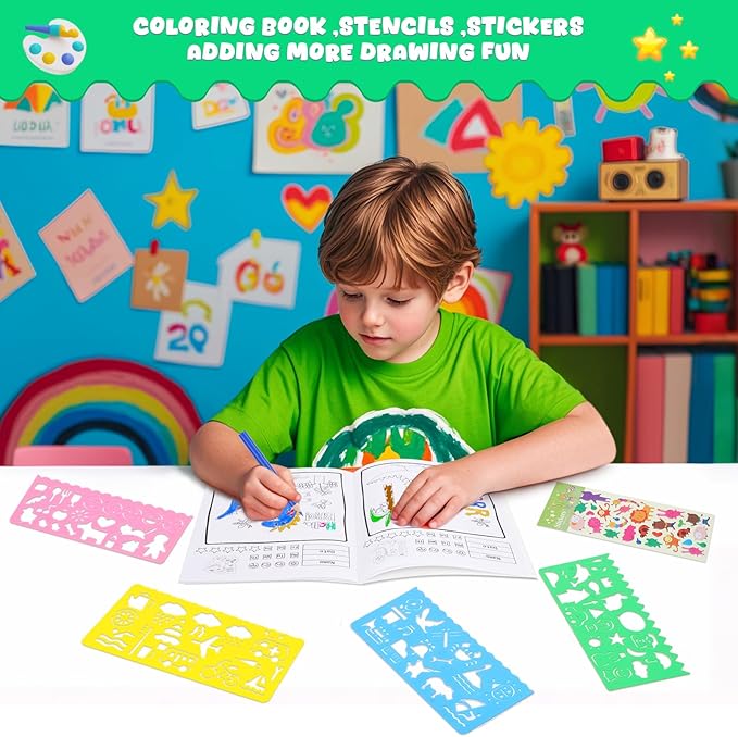 homicozy Art Supplies, Dinosaur Drawing & Coloring Set with Crayons, Colored Pencils, Markers, Sketchbook, Watercolor Cakes, Stencils, Arts and Crafts Painting Kit for Kids Ages 4-10, Girls Boys Gift