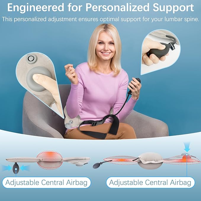 Inflatable Lumbar Pillow for Airplane Travel Lumbar Support Pillow for Office Chair/Car Seat Dual-Zone Adjustable Back Support for Reducing Lower Back Pain