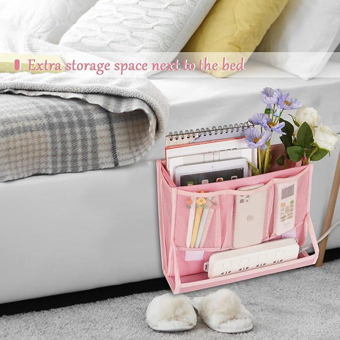 Bedside Caddy Bedside Storage Organizer Bedside Organizer with Power Strip Holder and 2 Adjustable Straps for Home Bunk Bed Dorm Sofa (Pink)