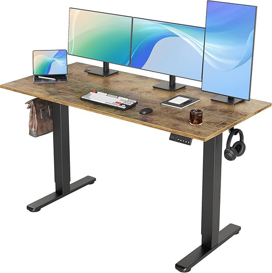 Seang Electric Height Adjustable Standing Desk, 55 x 24 Inch Sit Stand Desk with T-Shaped Frame, 3 Memory Presets & Cable Management for Home Office Computer Workstation, Black Frame/Rustic Brown Top