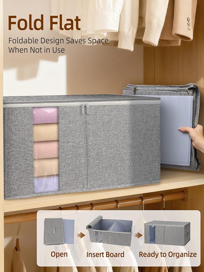 90L King Size Comforter Storage Bag w/Rigid Panels, Large Blanket Organizer for Closet, Stackable & Foldable Container w/Clear Window & Smooth Zippers for Bedding Sets/Clothes, 2 Pack, Gray