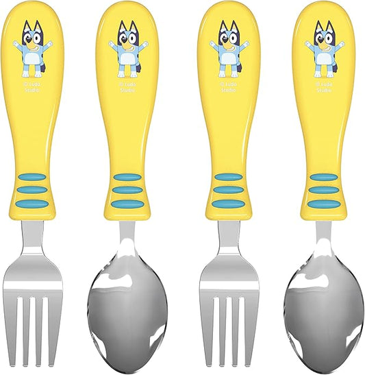 Zak Designs Bluey Kid Flatware Fun Character Art on Both Utensils, Non Slip Fork and Spoon Set is Perfect for Encouraging Picky Eaters to Finish Their Plates, 2 pack (4 PCS)
