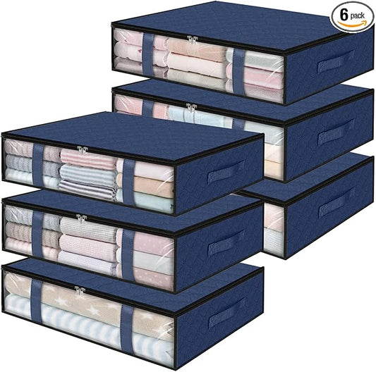 StorageRight Under Bed Storage Bins, 6-Pack 40L Foldable Fabric Storage Bags with Transparent Window, Breathable Organizer for Clothes/Blanket/Comforter/Quilt, Blue