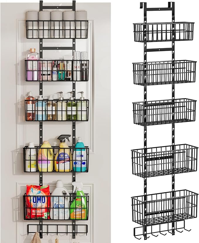 Hongtamoya Adjustable Over The Door Organizer, Metal Hanging Door Organizer with 5 Wire Basket 7 Hooks, Wall Mounted Shelf for Pantry Laundry Organization and Storage, Black