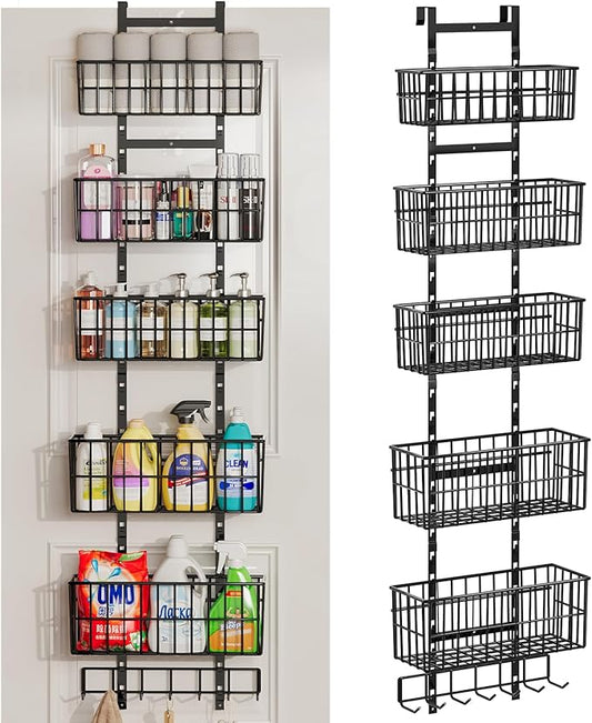 Hongtamoya Adjustable Over The Door Organizer, Metal Hanging Door Organizer with 5 Wire Basket 7 Hooks, Wall Mounted Shelf for Pantry Laundry Organization and Storage, Black