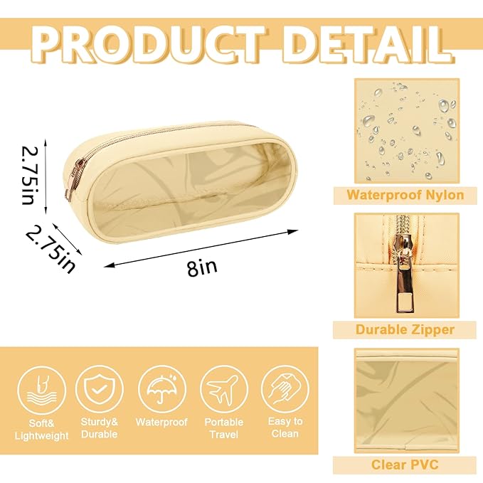 UIXIZQ Clear Small Pencil Pouch Makeup Bag for Purse,Nylon&PVC Pencil Case Waterproof Makeup Brush Holder with Zipper,Preppy Transparent Pen Bag Travel Cosmetic Bag for Women Men Office(Slim-Beige)