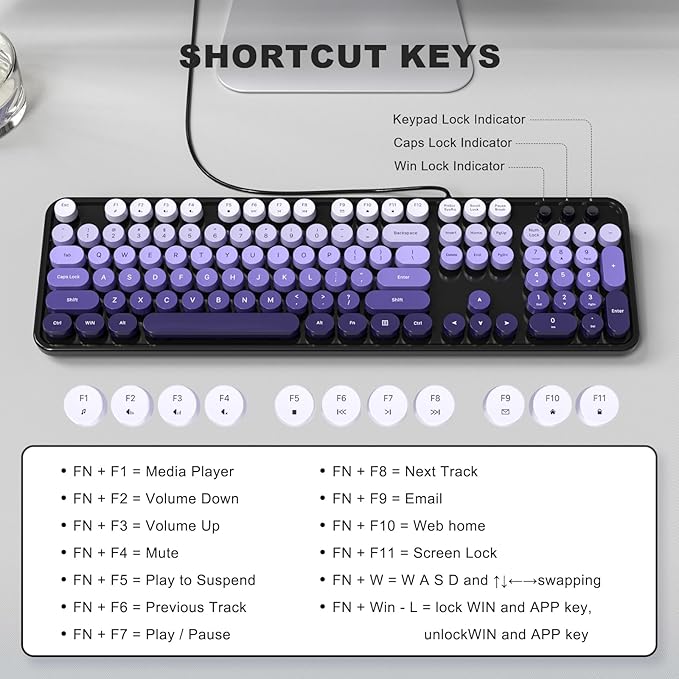 Wired Computer Keyboard, 104 Keys Full Size Typewriter Keyboards with Number Pad, USB Plug and Play Keyboard for Windows 7 8 10 11, PC, Laptop, Desktop (Black Purple)