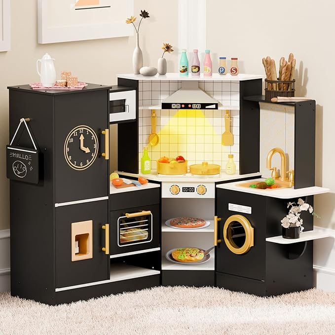 BIERUM Coner Wooden Play Kitchen with Real Lights & Sounds, Trendy Home Style Kitchen Playset, Toy Kitchen with 28 Pcs Toy Food & Cookware Accessories, Gift for Boys & Girls Ages 3+