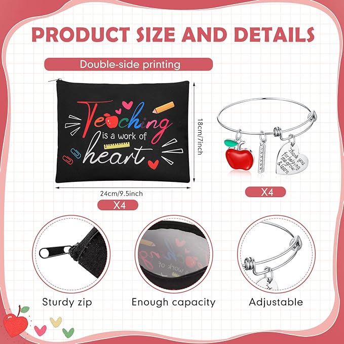 8 Pcs Teacher Appreciation Gift Set for Women, 4 Teacher Makeup Pouch Cosmetic Bags and 4 Bangle Bracelets, Christmas Valentines Thank You Gifts for Teacher (A Work of Heart)