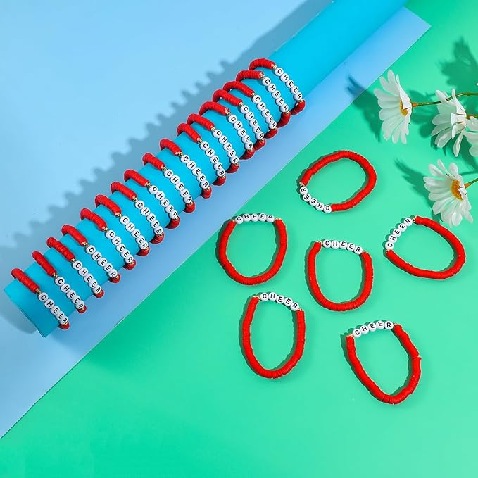 24 Pcs Cheerleader Gifts for Girls Handmade Friendship Bracelets for Teen Girls Stretch Cheer Bracelets Y2k Cheer Stuff Stackable Clay Bead Bracelets Bulk Teens Birthday Christmas Party Favors