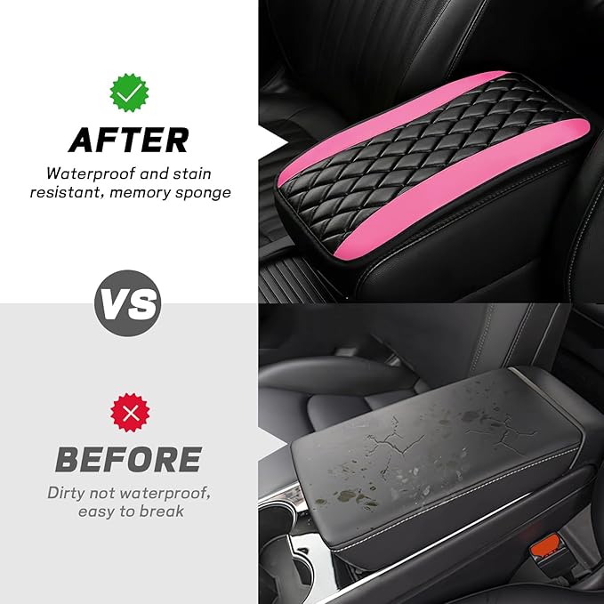 ongfuwu Car Center Console Cushion Pad, 12.72"×7.52" Leather Waterproof Auto Armrest Seat Box Protector, Car Center Console Cover, Universal Interior Decor Car Accessories for SUV Truck (Pink)