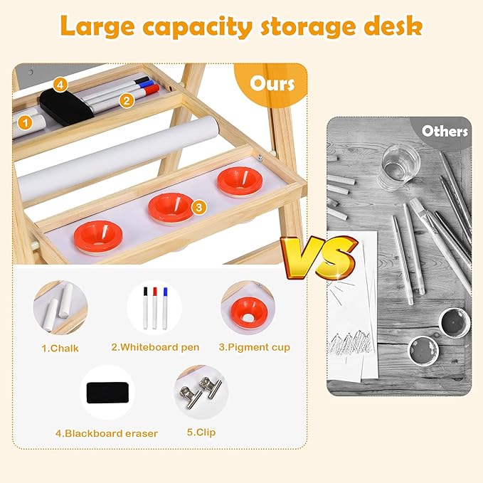 Costzon Art Easel for Kids, 3-in-1 Wooden Folding Toddler Easel Magnetic w/Paper Roll & Storage Tray, Height Adjustable Double Sided Whiteboard Chalkboard Kids Art Easel Boys Girls Painting (Nature)