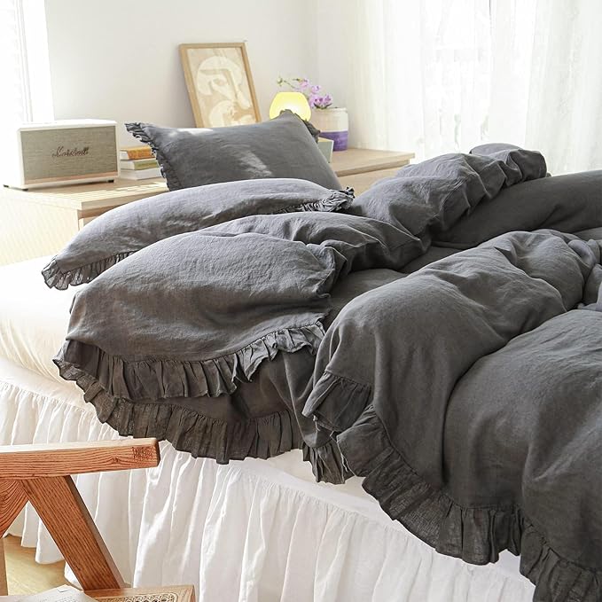 Simple&Opulence 100% Linen Duvet Cover Set, 3 PCS Natural French Flax Dark Grey Ruffle Duvet Cover King Size, Breathable Comfy Linen Bedding Comforter Cover with 2 Pillowcases (Dark Grey, 104" X 92")