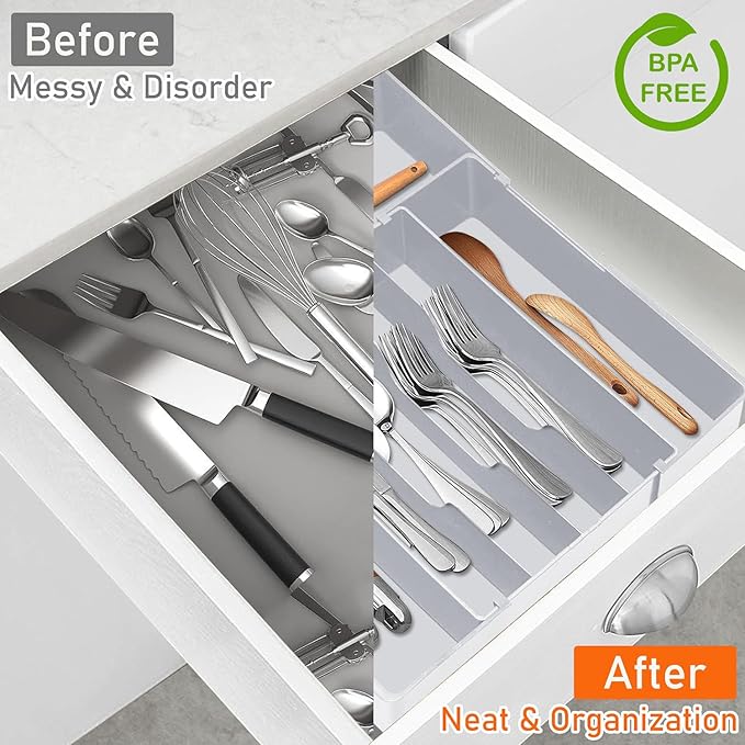 Spaclear Silverware Organizer for drawer - Adjustable Kitchen Drawer Organizer Utensil Drawer Organizer, Expandable Silverware Tray for Drawer Utensil Organizer for Forks, Knives, Grey