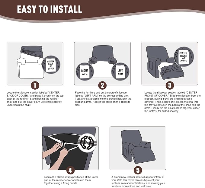 KinCam Oversized Recliner Chair Covers, Stretch Reclining Chair Covers for Large Recliner, Stripe Jacquard Recliner Covers Furniture Protector Covers with Elastic Bottom for Kids, Pets (Light Coffee)