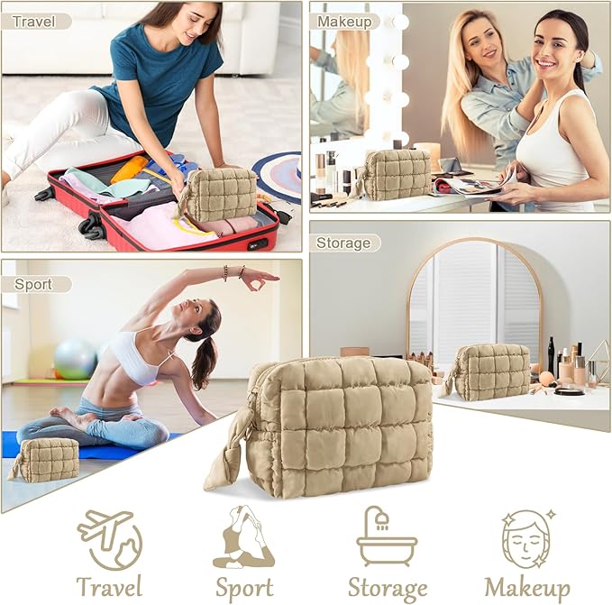 Puffer Quilted Makeup Bag Cosmetic Bags,Puffy Travel Toiletry Pouch for Women,Cute Checkered Zipper Bag Travel Essential,Portable Aesthetic Make up Organizer Bag for Gifts Work Daily(Khaki,S)