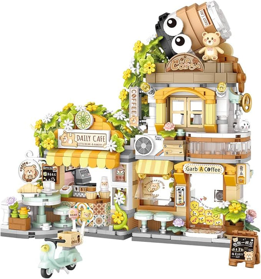 City Street View Bear Coffee Shop Building Blocks Set, MOC Creative Bear Animal Theme House, Simulation Architecture Construction Toy, Gifts Idea for Kids Adults (Mini Blocks 1077 pcs)