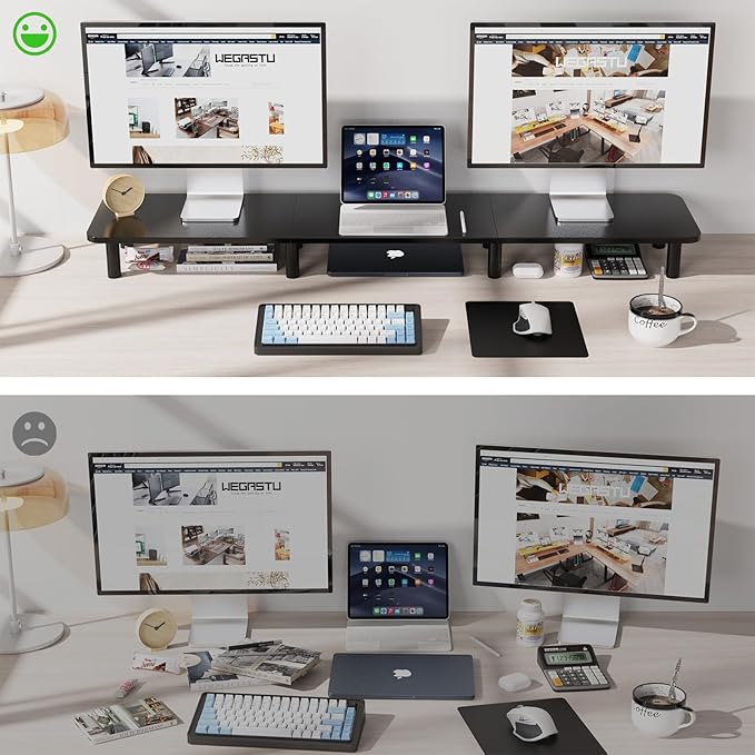WEGASTU 43.7" Extra Long Dual Monitor Stand Riser, Wood & Steel Monitor Stand for 2 Monitors, Wide TV Stand, Desktop Riser for Desk Organization, Home Office，Laptop,Printer,TV (Black)