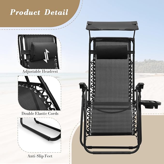 Athena Collection Zero Gravity Outdoor Lounge Chair Set of 2 with Canopy Shade, 25" Width Pool Lounge Lawn Chairs Reclining with Cup Holder, Outdoor Chaise for Beach Patio Outside, Black