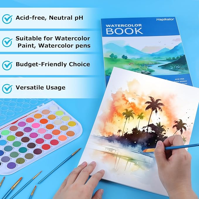 Hapikalor School Supplies for Teens, 3-Pack 9"x12" Watercolor Paper Pad, 140lb/300gsm, Premium Water Color Pad for Paint, Watercolor Pencils, Watercolor Pens, Charcoal, Oil Pastels and Acrylic, Blue