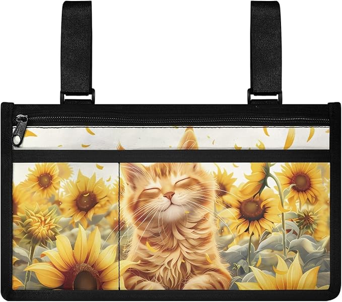 ZOUTAIRONG Sunflower Kitten Wheelchair Bag Side Arm Bag Walker Accessories Armrest Organizer Storage Pouches Walker Bag for Electric Wheel Chair Walkers Adults, Seniors