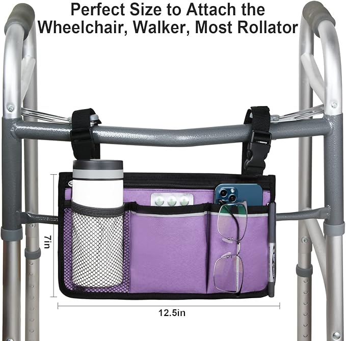 Wheelchair Side Bag, Armrest Storage Pouch with Cup Holder and Reflective Strip Use of Waterproof Fabric, for Most Wheelchairs, Walkers or Rollators (Purple)