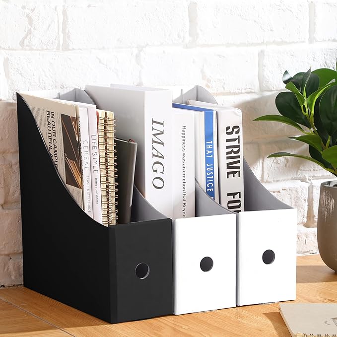Thenshop 24 Pcs Cardboard Magazine File Holders Magazine Book Bin Box with Label Sticker Paper Organizer Storage Folder for Desk Shelves School Classroom Office Supplies (Classic,Black and White)