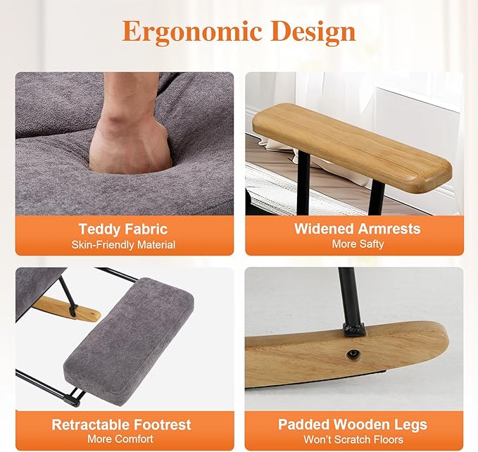 Rocking Chair with Footrest-Glider Rocker Chair with Retractable Footrest and Adjustable Backrest, Teddy Upholstered Rocking Chair, Modern Accent Chair for Living Room/Nursery/Bedroom/Outdoor-Grey