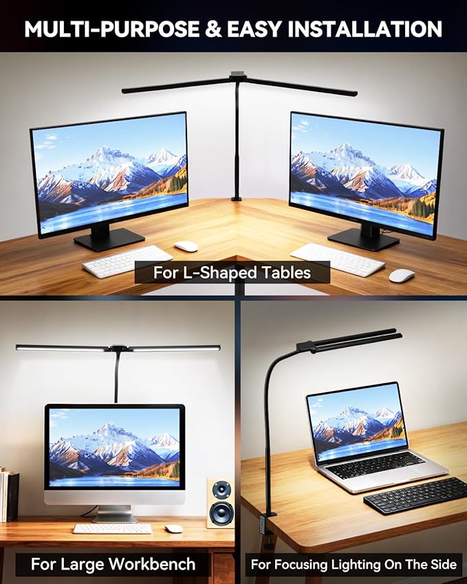 LED Desk Lamp for Home Office, Eye-Caring Architect Lamp with Clamp, Stepless Dimming Computer Light for Dual Screen Monitor, 5 Color Adjustable Lighting Mode, Workbench Light for Drafting, Study