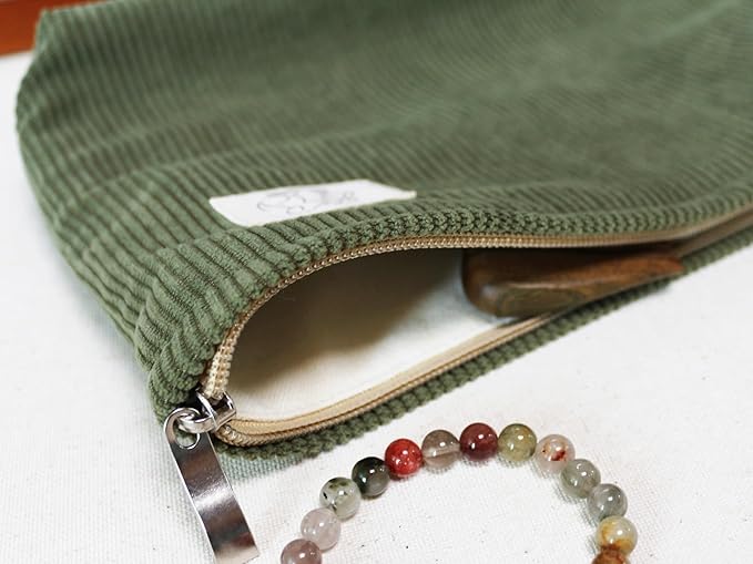 HAPPYHEIDI Navy Green Corduroy Makeup Bag Cosmetic Toiletry Travel Pouch, Make Up Accessory Purse Organizer, Canvas Lined