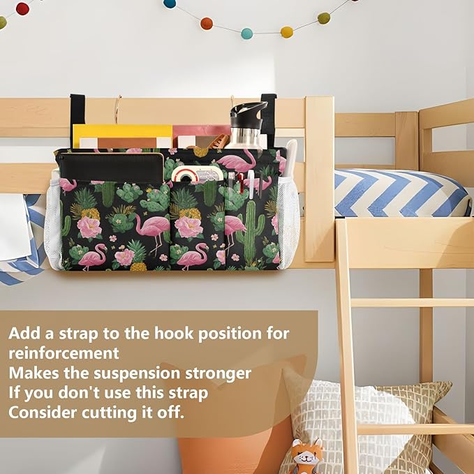 Black Flamingo and Cactus Pineapple Flower Tropical02 Bedside Caddy for Dorm Bed Bedside Hanging Caddy Bag Iron Frame Storage Organizer Pocket for Bunk Home College Hospital Beds 2 Hooks