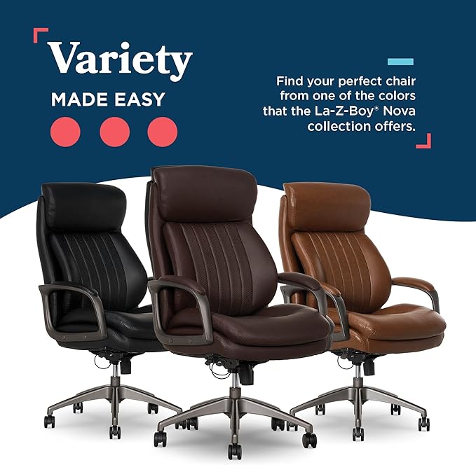La-Z-Boy Nova Vegan Leather Modern Executive Ergonomic Design Office Chair, Memory Foam Thick Contoured Seat Back with Patented Lumbar Support Technology, Soft to Medium Sit Comfort, Brown