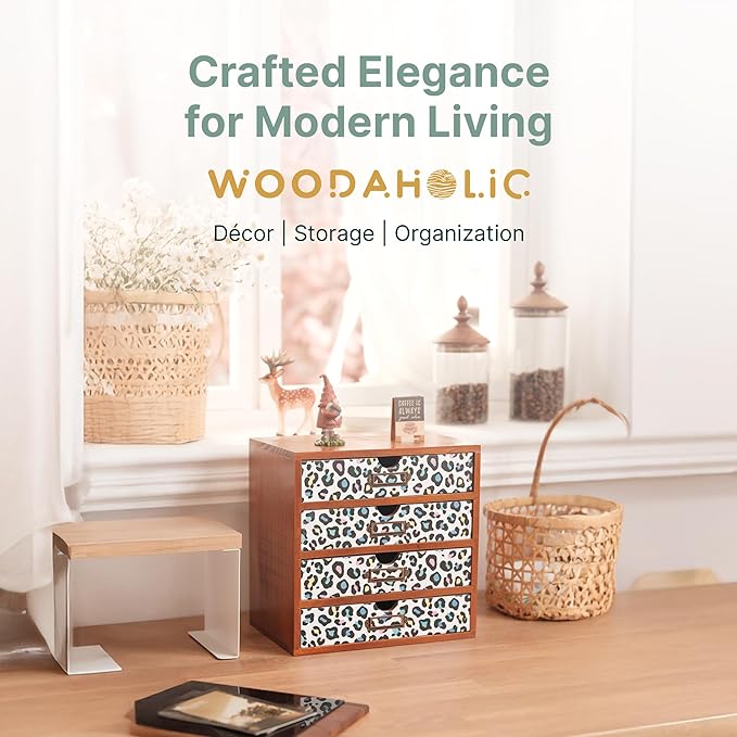 Colorful Leopard Print Wooden Desk Organizer - 4-Drawer Desktop Storage Cabinet for Office Supplies, Craft Tools & Home Organization - Trendy Wood Design for Crafters, Art Enthusiasts, Students