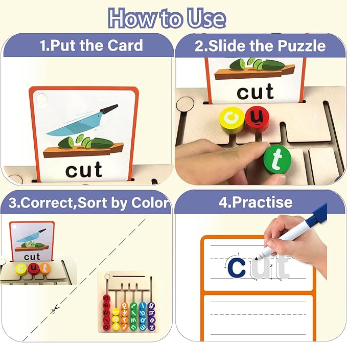 Wooden CVC Word Spelling Games, Matching Letter Games Phonics Board Flashcards Alphabet Puzzle, Preschool Learning Activities Montessori Educational Toys Gifts for Ages 3 4 5 6 Kids Toddlers