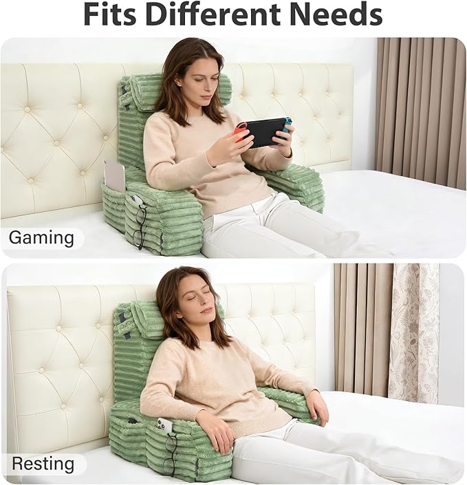 ENITYA 22" XL Reading Pillow with Armrests & Large Pockets, Supportive Back Pillow with Removable Cover, Ideal for Watching TV, Gaming, Resting, Sitting Up in Bedroom, Dorm, Sage Green