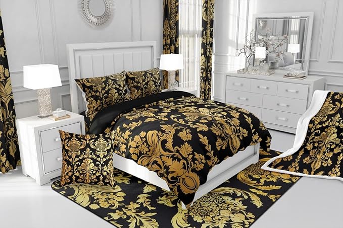 Feelyou Gold Black Vintage Floral Bedding Set Queen Size Gothic Bohemia Boho Flower Duvet Cover Set for Kids Adult Oriental Antique Comforter Cover Luxury Quilt Cover for Bedroom Decor,No Comforter