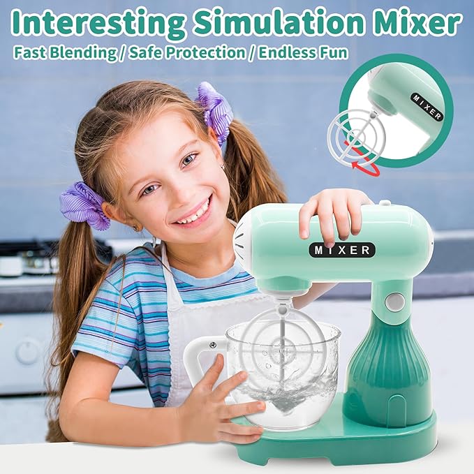 Kids Play Kitchen Accessories Toys Set, Pretend Play Kitchen Appliances Kit - Blender, Coffee Maker, Mixer, Toasters with Light & Sound, Playhouse Role Play Toy Gift for Girl Ages 3 4 5 6