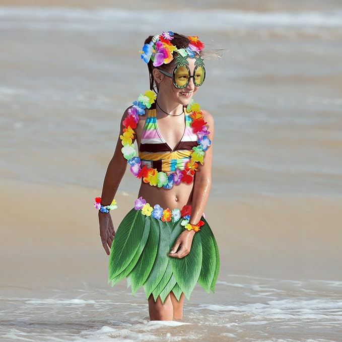 Fortuning's JDS Boys Girls Hawaiian Flowers Leaf Grass Skirts Garland Costume Set Beach Party Favors