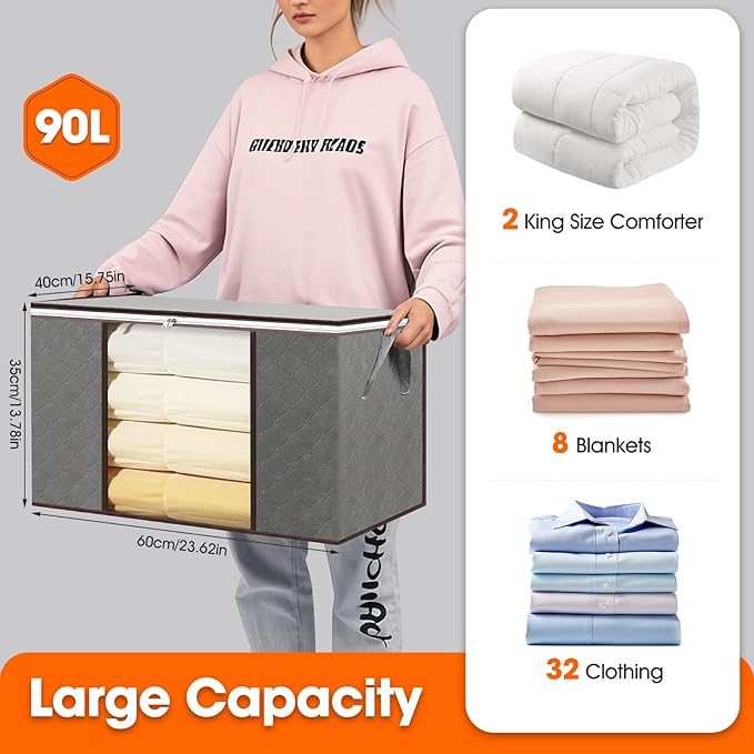 10 Pack Clothes Storage Bags 90L Foldable Storage Bins with Lids Blanket Storage Bags with Zippers Clear Window and Reinforced Handles Containers for Organizing Bedroom Closet Clothing Comforter