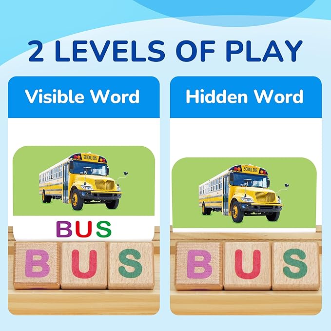 BenBen Spelling Games with Flash Cards, Montessori Toys for 3 4 5 6 Years Old Kids, Wooden Matching Letters Toys, CVC Word Educational Learning Toys, Gift for Preschool Kindergarten