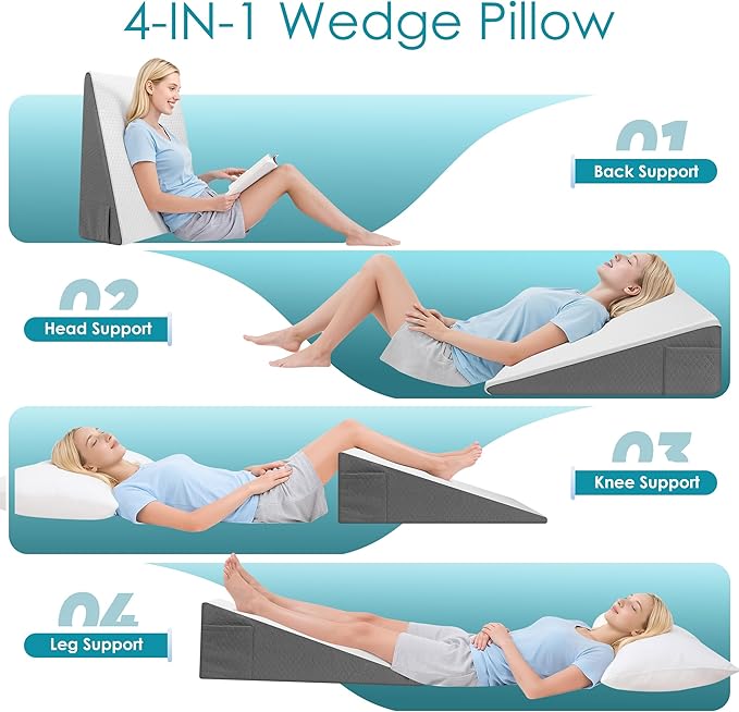 Wedge Pillow, 8 inch Bed Wedge Pillow for Sleeping & Resting, Cooling Memory Foam Incline Pillow for Adults Seniors, Back Support and Leg Elevation, Ideal for Couch, Bedroom & Living Room