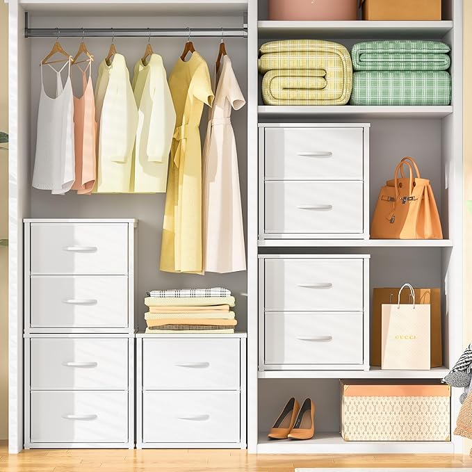 Stackable Storage Drawers, White Closet Organizer with Wooden Top & Metal Frame, Closet Storage Drawers for Clothes, Freestanding or Stackable Dresser for Bedroom, Living Room, Under Bed